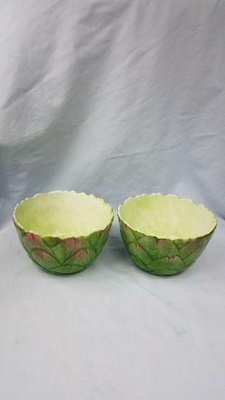 2 Vintage Italian Majolica Green Artichoke Bowls Hand Painted Limited Edition