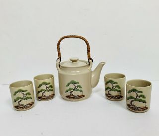 Japan Otagiri Bonsai Tree Tea Set Rattan Handle Tea Pot 4 Tea Cups Hand Crafted