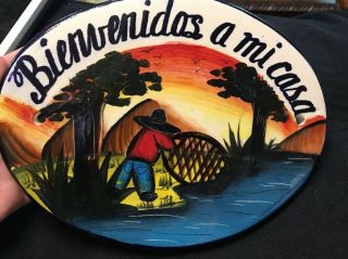 Mexican Hand Painted Ceramic Sign - Bienvenidos Mi Casa Es Tu Casa - 9”x7” Oval