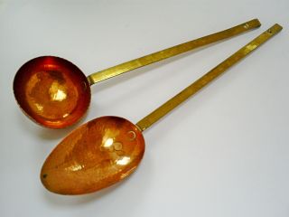 2 Large Vintage Arts & Crafts Style Hammered Brass & Copper Bowl Ladles/spoons