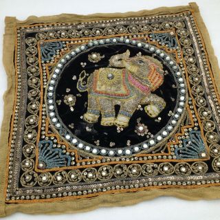 Vintage Burmese Kalaga Tapestry Elephant Sequins Glass Beads Fabric 15 X 15 " B