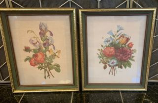 Vintage Pair Antique Jean Louis Jl Prevost Floral Flower Bouquet Framed Pictures