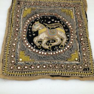 Vintage Burmese Kalaga Tapestry Horse Sequins Glass Beads Fabric 15 X 15 "