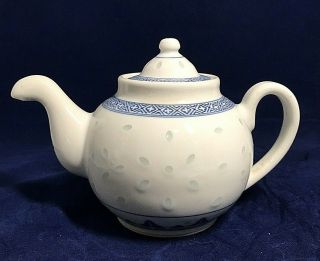Chinese Rice Eyes Porcelain Blue And White Teapot Traditional Border Pattern