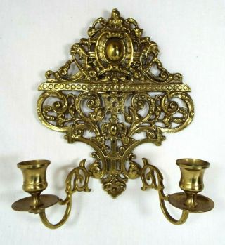 Vintage Ornate Detailed Brass Wall Hanging 2 Arm Candle Stick Holder