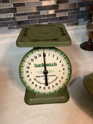 Vintage Green Sears,  Roebuck & Co.  Metal Kitchen Farm Scale 25 lbs 1906 3