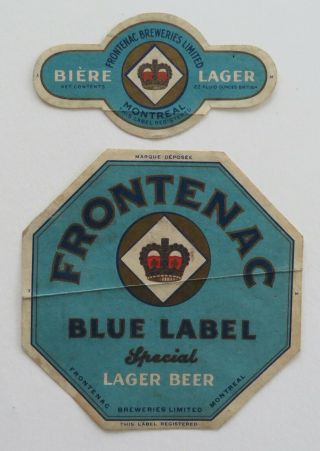 N63 Vintage Frontenac Blue Label Beer Neck & Bottle Label Montreal Brewery