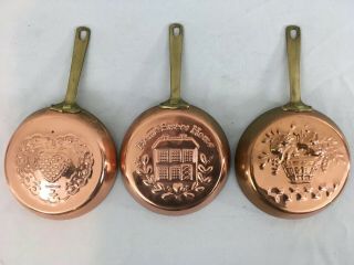 Set Of 3 Vtg Copper Brass Handle Home Sweet Home Decorative Hanging Pans