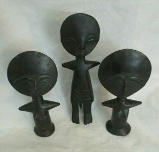 African Ghana Wood Carved Fertility Doll Figures - Set Of 3