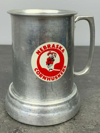 Vintage University Of Nebraska Cornhuskers Pewter Beer Stein Mug Glass Bottom