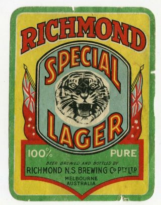 Old Richmond Special Lager Beer Label N.  S.  Brewing Co.  Melbourne Australia Tiger