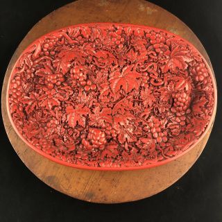 Vintage Chinese Cinnabar Lacquer Carved Oval Tray Grapes & Vines 9.  5 " X 7 "