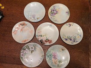 Set Of 7 Vintage Limoges T&v France Hand Painted Flower Plates 8 "