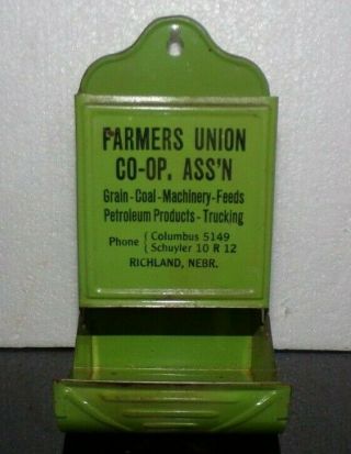 Vintage Tin Farmers Union Co - Op Match Box Holder Schuyler Richland Nebraska