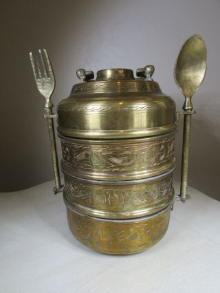 Vintage Brass 3 Tier Stacking Tiffin Lunch Box Turkish Asian Brass W/ Spoon Fork