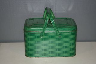 Vintage Tin Metal Picnic Basket With Metal Handles Green Plaid Rustic Farmhouse