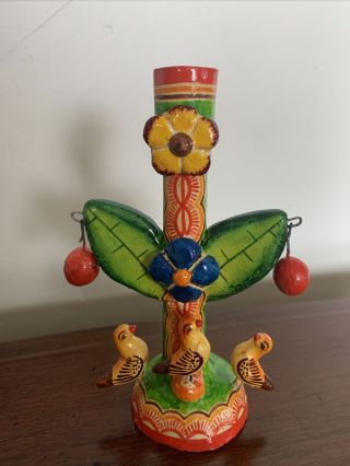 Tree Of Life Cactus & Birds Hand Painted Folk Art Candle Holder Mexico