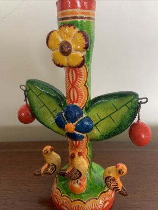 TREE OF LIFE Cactus & Birds Hand Painted Folk Art Candle Holder Mexico 2