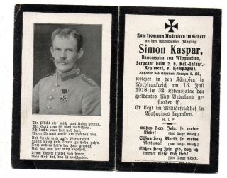 Vintage German Ww1 Death Card - Simon Kasper - 2rir 3kmp - Fell 13jul1918 Lens - Sallaum