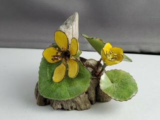 Vintage Norman Brumm Enamel On Copper Yellow Flower Burl Wood