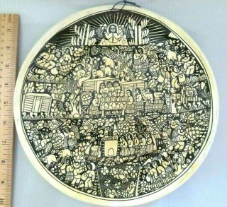 Vtg 10 " Mexican Folk Art Decorative Pottery Plate,  Market Scene,  Church