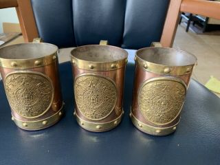 Vintage Set Of 3 Solid Copper/brass Mugs Aztec Design Mexico Heavy Stein A - 1