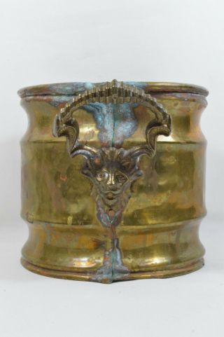 Vtg Primitive Hand Hammered Brass Planter With Lion Head Or Satyr Face Handles