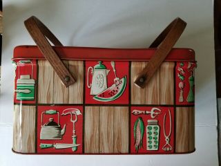 Vintage Decoware Tin Litho Picnic Basket With Wood Handles (box 2)