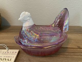 Vintage Fenton Art Glass Dusty Rose With Milk Glass Head Iridized 5” Hen On Nest