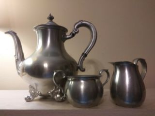 Vintage Footed Reed And Barton Pewter Tea Pot P5600 With Creamer Sugar Bow Euc