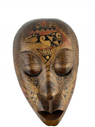 Mask Face Indonesian African 10” Tribal Wood Carving Painted Wall Hanging Décor