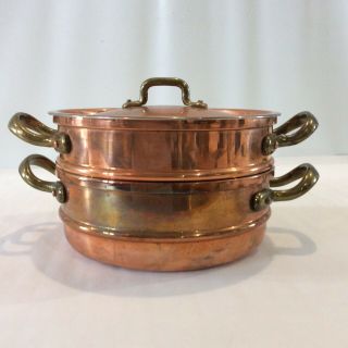 Vintage Duoro Copper Pans With Brass Handles Steamer Stackable 2 Piece Set