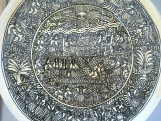 Vtg 10 " Mexican Folk Art Decorative Pottery Plate,  Village Scene W/ Angels