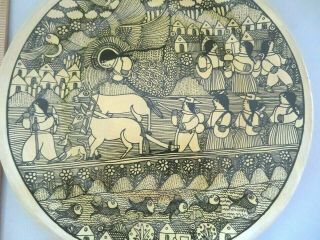 Vtg 10 " Mexican Folk Art Decorative Pottery Plate,  Farm Scene,  Angel Birds Fish