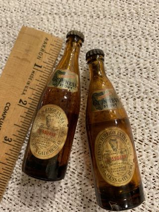 2 Vintage Miniature Bottles Guinness Stout 3.  5 " Amber Glass Metal Caps (2)