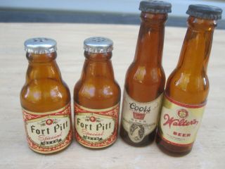 Vintage Miniature Beer Bottles 2 Fort Pitt,  1 Walters & 1 Coors S & P Shakers