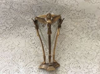 Vintage Solid Brass 3 Cherub Angel Vase Holder Stand With Diamond Cut Glass Vase