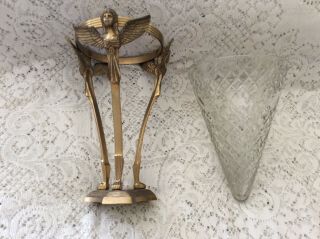 Vintage Solid Brass 3 Cherub Angel Vase Holder Stand With Diamond Cut Glass Vase 2
