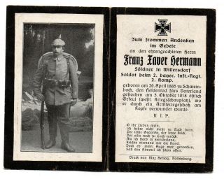 Vintage German Ww1 Death Card - Franz Hermann - 2ir 2kmp - Fell 5okt 1918 Orfeul