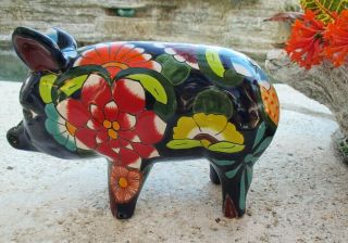 Mexican Folk Art Talavera Pottery Farm Animal Pig Figure Ceramic 13 "