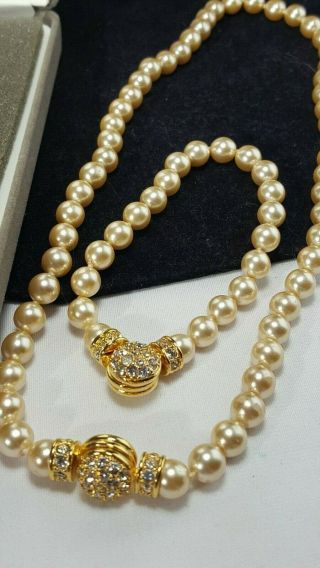 Vintage Nolan Miller Rhinestone Pearl Wisdom Reversible Necklace Bracelet Set