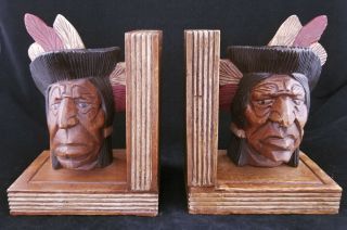 Carved Wood Native American / Indian Head Book Ends
