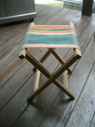 Vintage Folding Camp Stool Chair Canvas & Wood