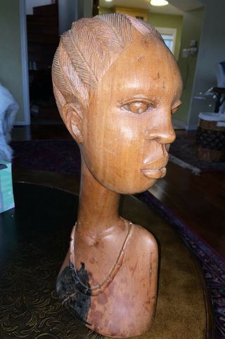 Vintage Hand Carved Wood Wooden African Woman’s Bust Sculpture Signed