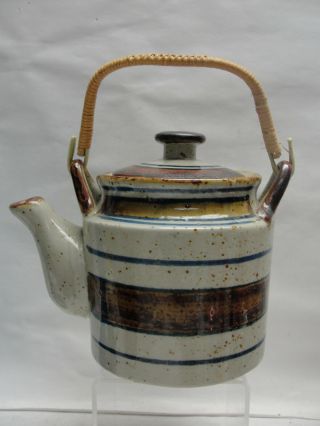 Otagiri Art Pottery Raku Burntwood Teapot With Wicker Handle