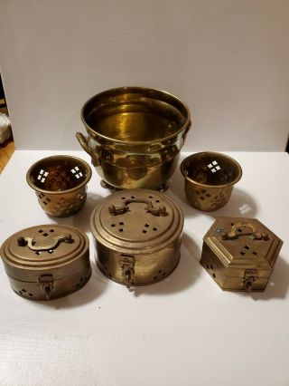 Vintage Brass Cricket Cage Potpourri Trinket Box & Bowl - Set Of 6 -