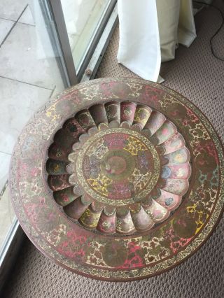 Stunning Vintage Morrocan Enamel Peacock Brass Tray Table Top Hippie Boho