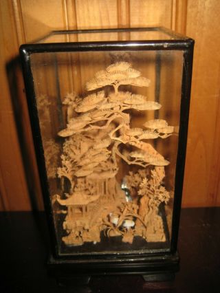 Vintage Chinese Wood Carving Art Scene In Glass Case Wood Stand 6.  5 " X 3.  25