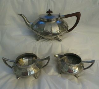Vintage Civic England Signed Hammered Pewter Tea Pot Creamer Sugar Set 316
