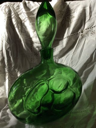 Empoli Italian Green Art Glass Decanter Genie Bottle Vintage Mid Century Modern